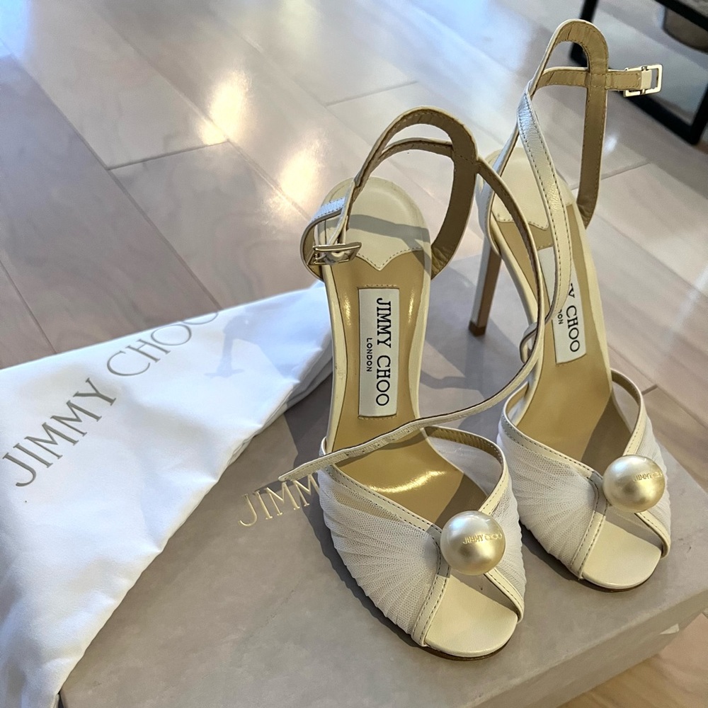 Jimmy Choo Cream Sandals with Pearl Accent